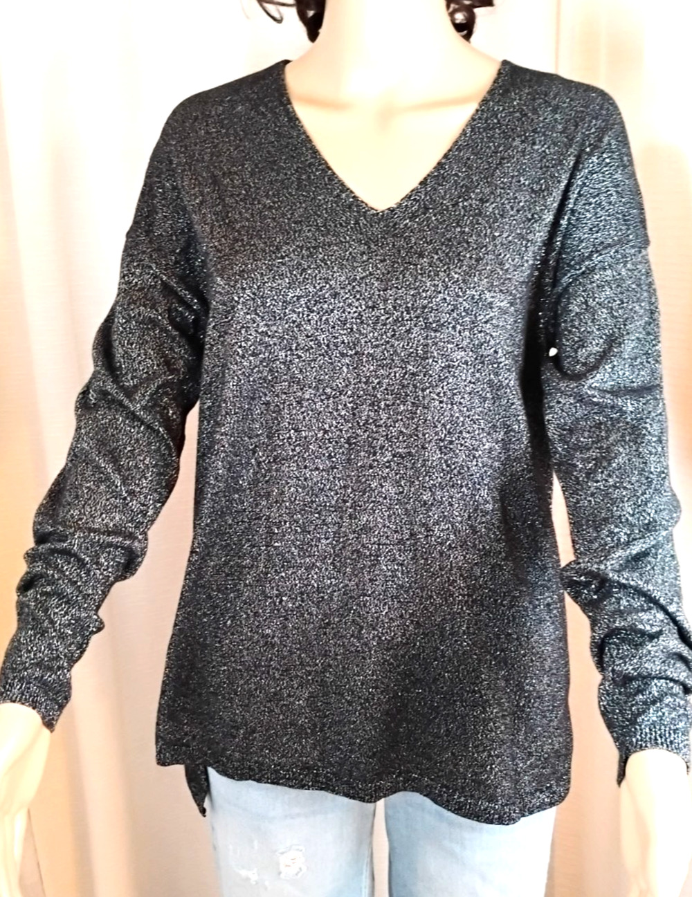INC Metallic Knit V Neck Top Flowy Hi Lo Lagenlook Y2K Womens Small